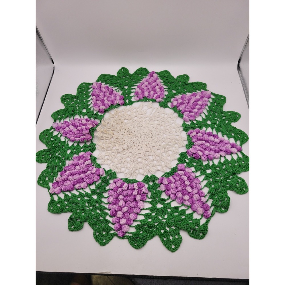 Vintage 3D Grape Cluster Crochet Doily Large 18" Handmade Popcorn Stitch Lace
